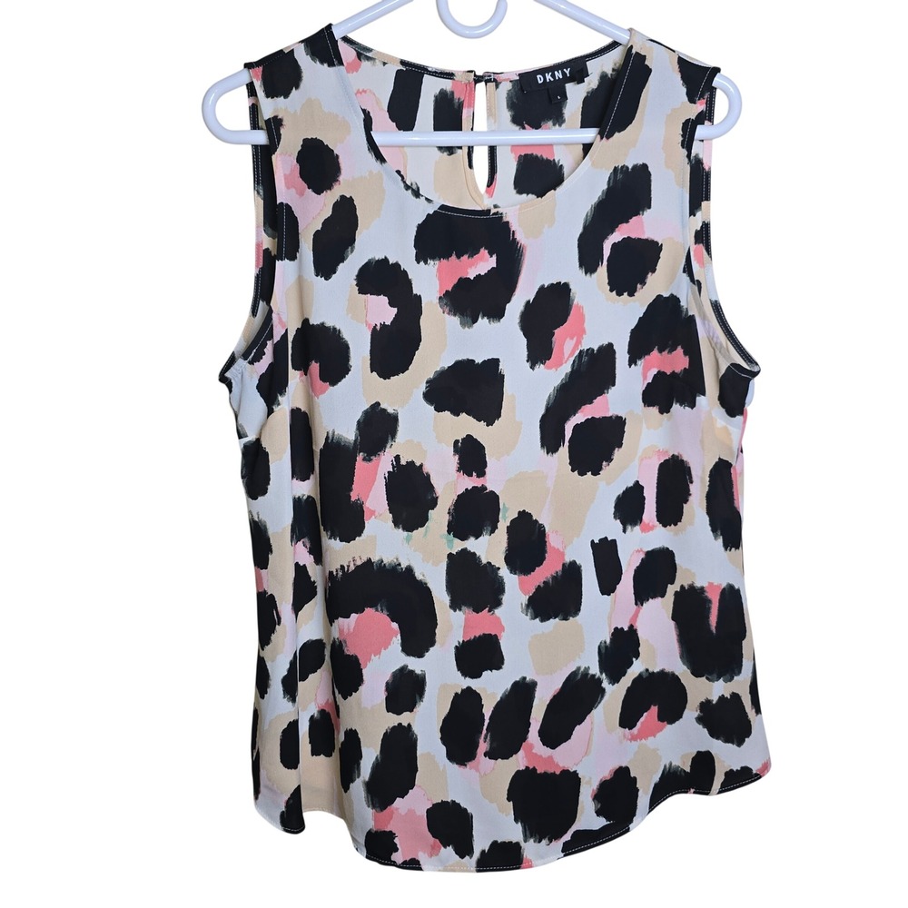 DKNY Womens Large Sleeveless Sheer Blouse Black Pink Animal Print Lightweight